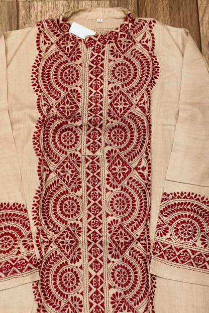 Beige Pure Tussar with Kantha Work (Hand Embroidery) Panjabi