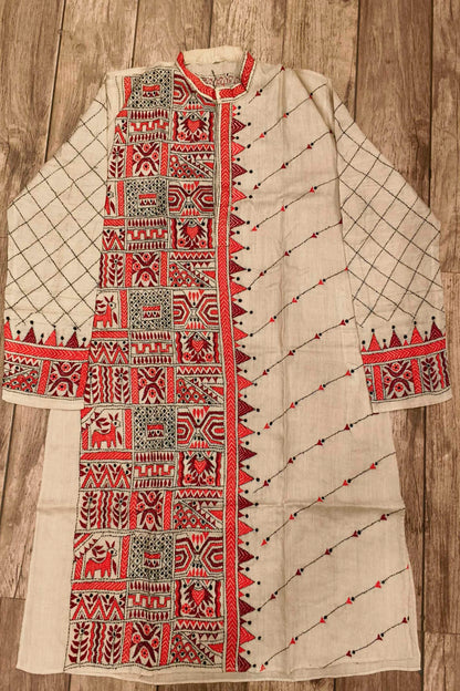Beige Pure Tussar with Kantha Work (Hand Embroidery) Panjabi
