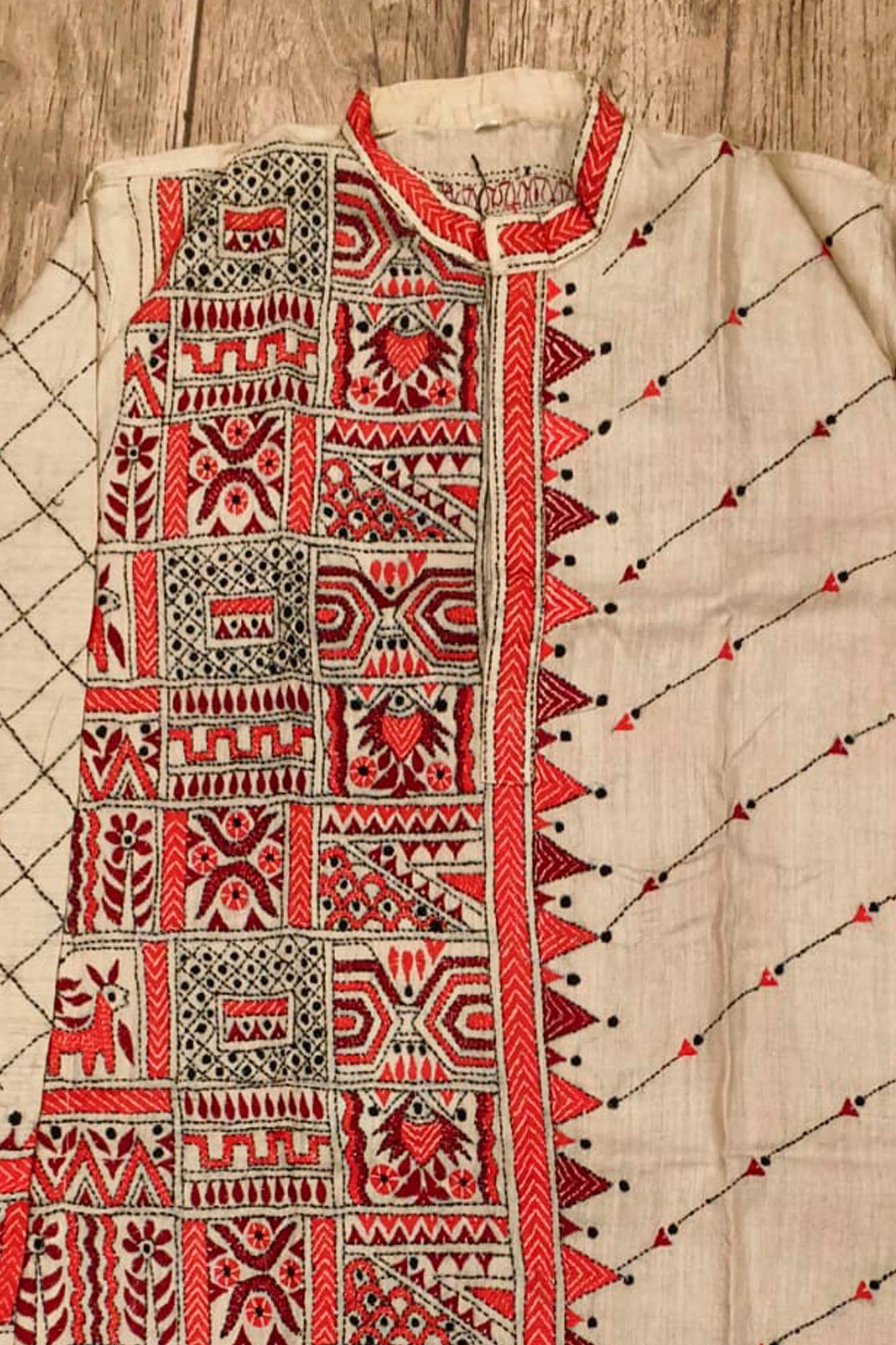 Beige Pure Tussar with Kantha Work (Hand Embroidery) Panjabi