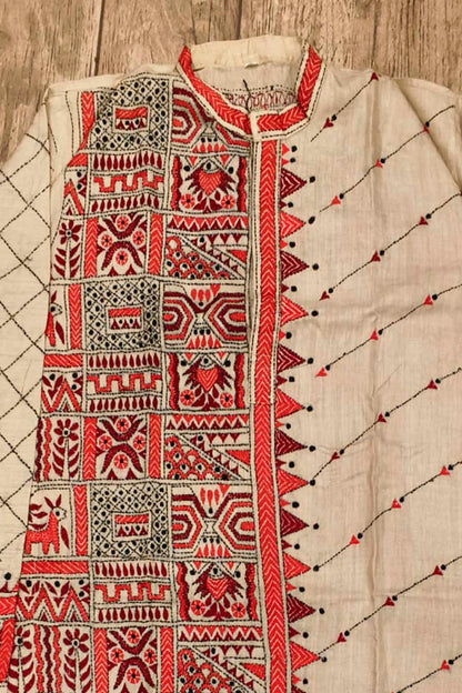 Beige Pure Tussar with Kantha Work (Hand Embroidery) Panjabi