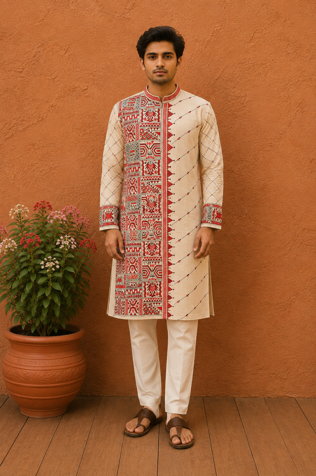 Beige Pure Tussar with Kantha Work (Hand Embroidery) Panjabi