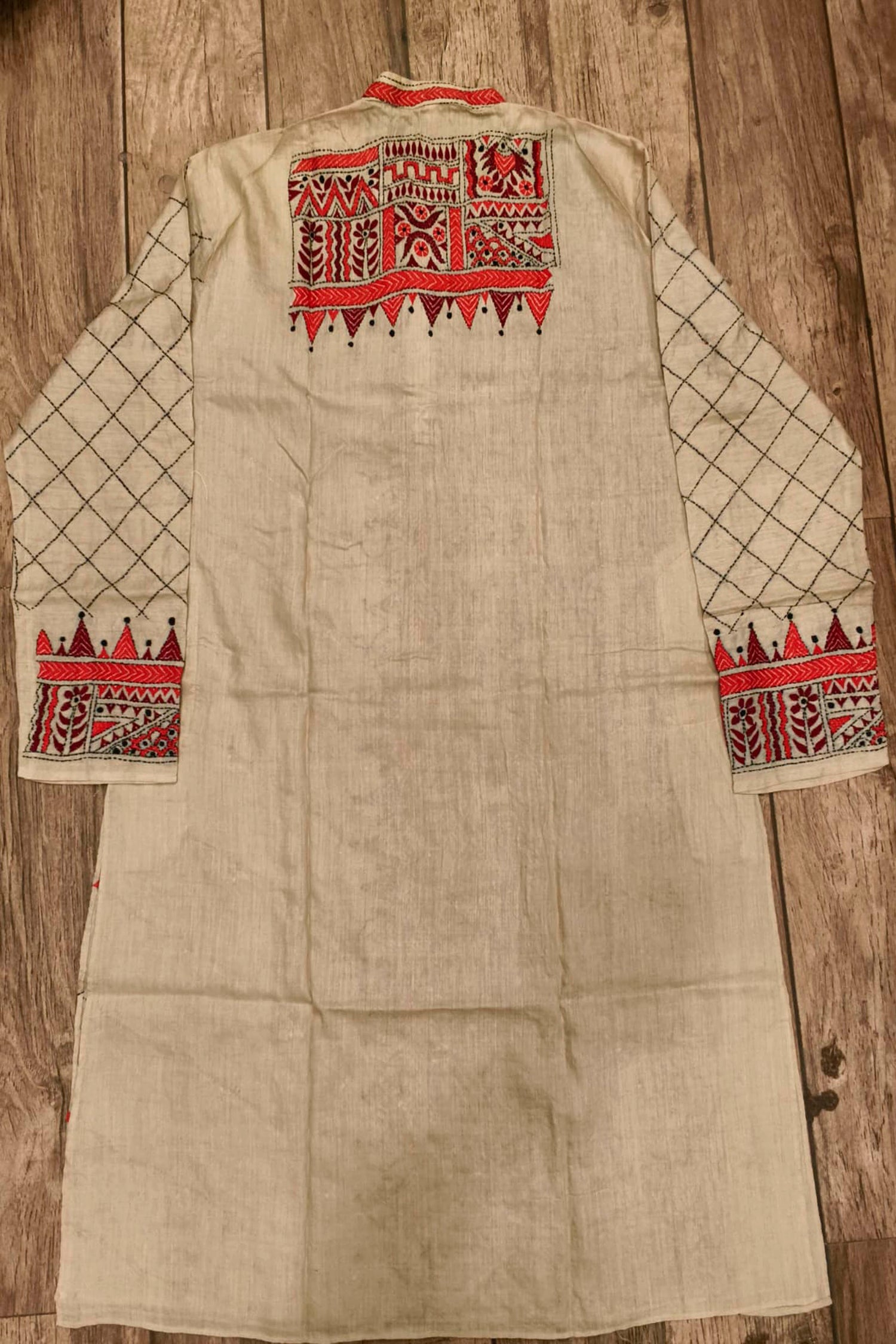 Beige Pure Tussar with Kantha Work (Hand Embroidery) Panjabi