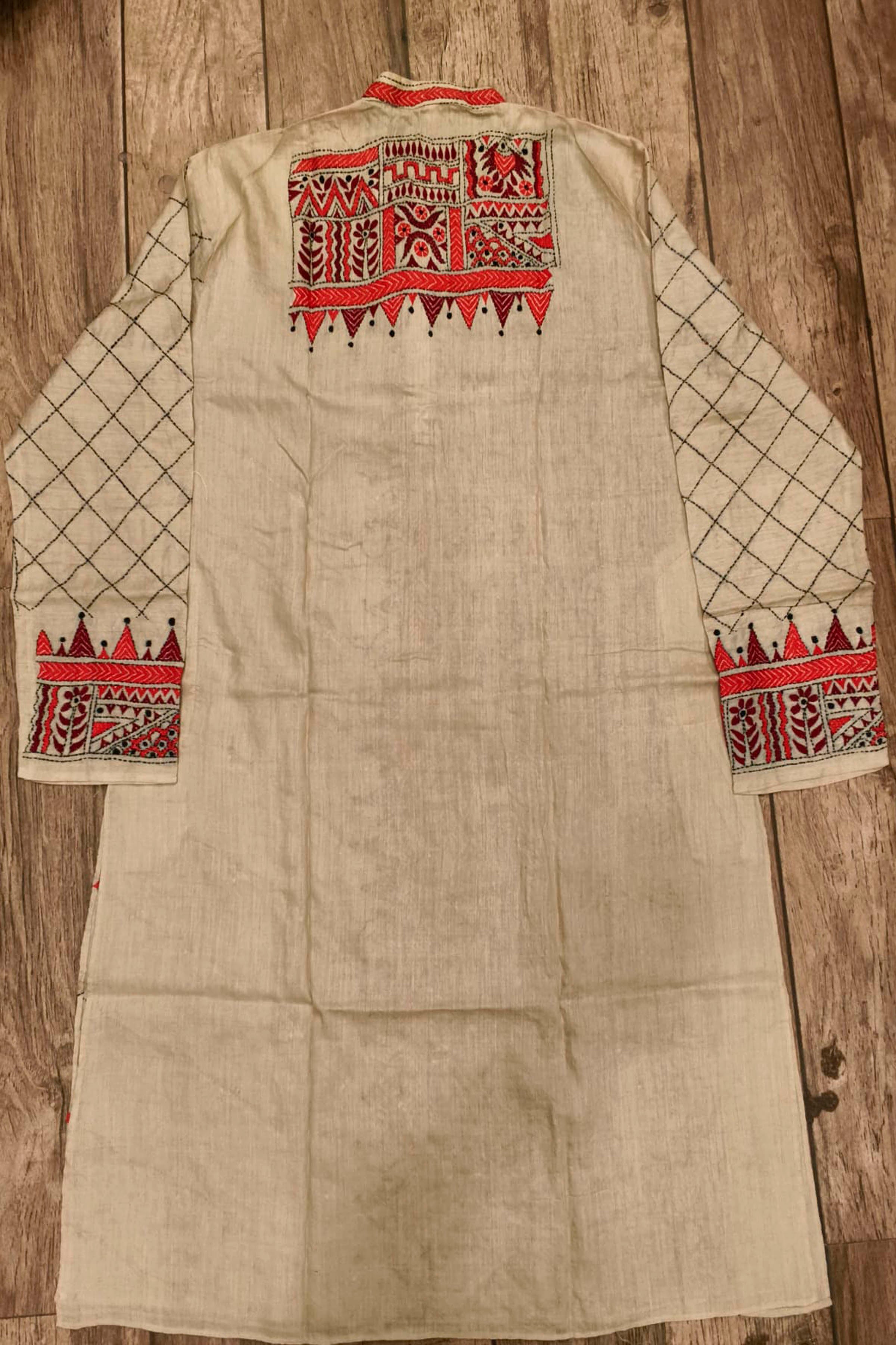 Beige Pure Tussar with Kantha Work (Hand Embroidery) Panjabi