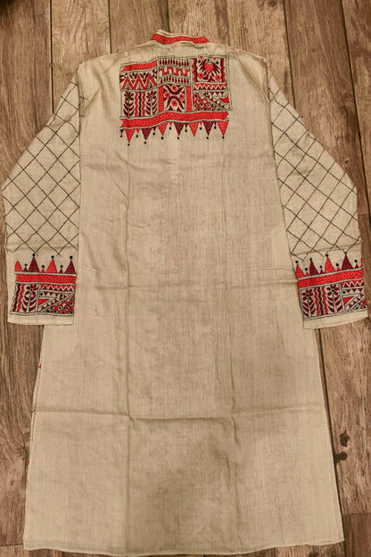 Beige Pure Tussar with Kantha Work (Hand Embroidery) Panjabi