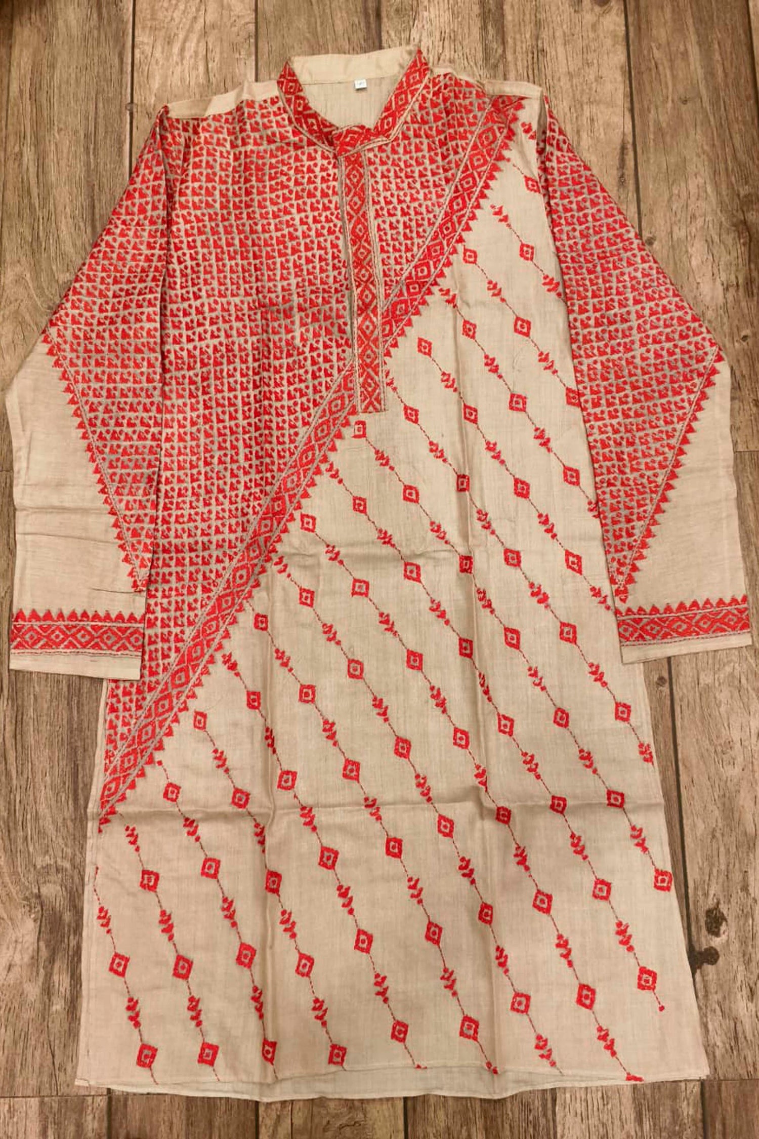 Beige Pure Tussar with Kantha Work (Hand Embroidery) Panjabi