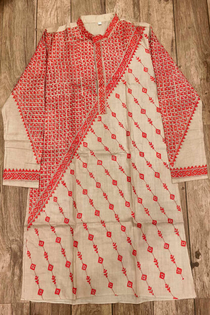Beige Pure Tussar with Kantha Work (Hand Embroidery) Panjabi