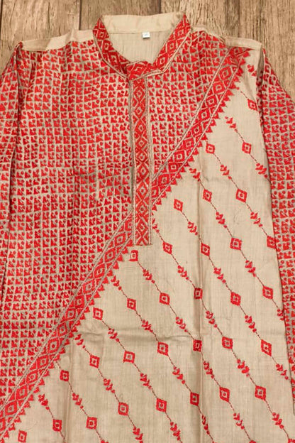 Beige Pure Tussar with Kantha Work (Hand Embroidery) Panjabi