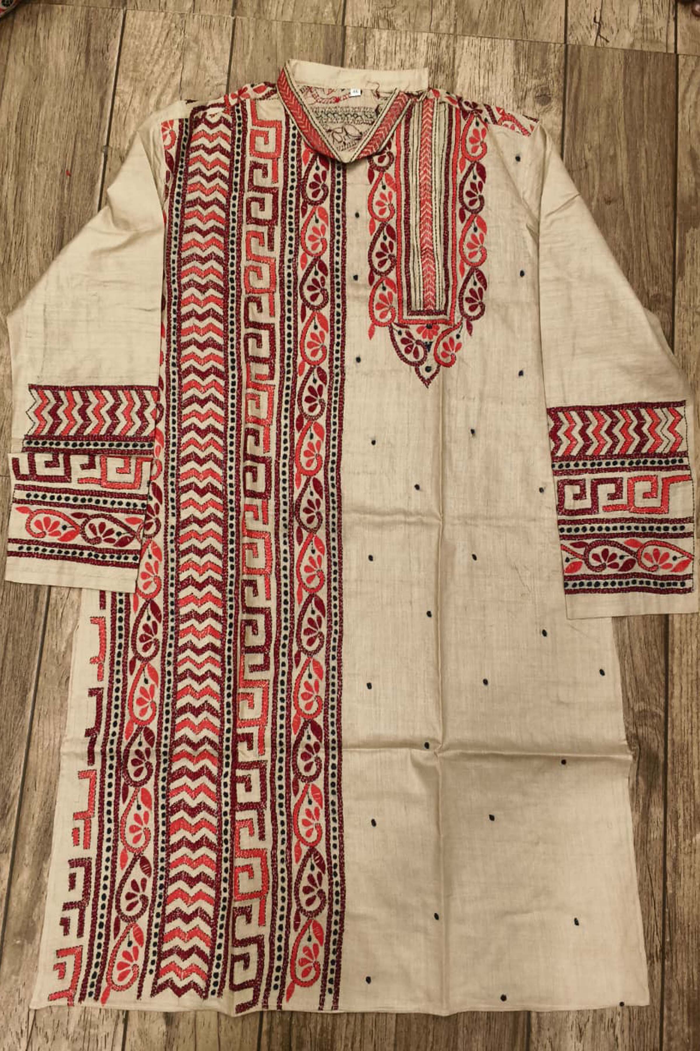 Beige Pure Tussar with Kantha Work (Hand Embroidery) Panjabi