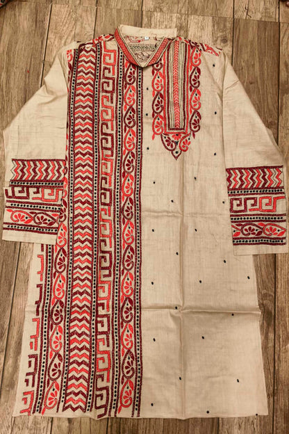 Beige Pure Tussar with Kantha Work (Hand Embroidery) Panjabi