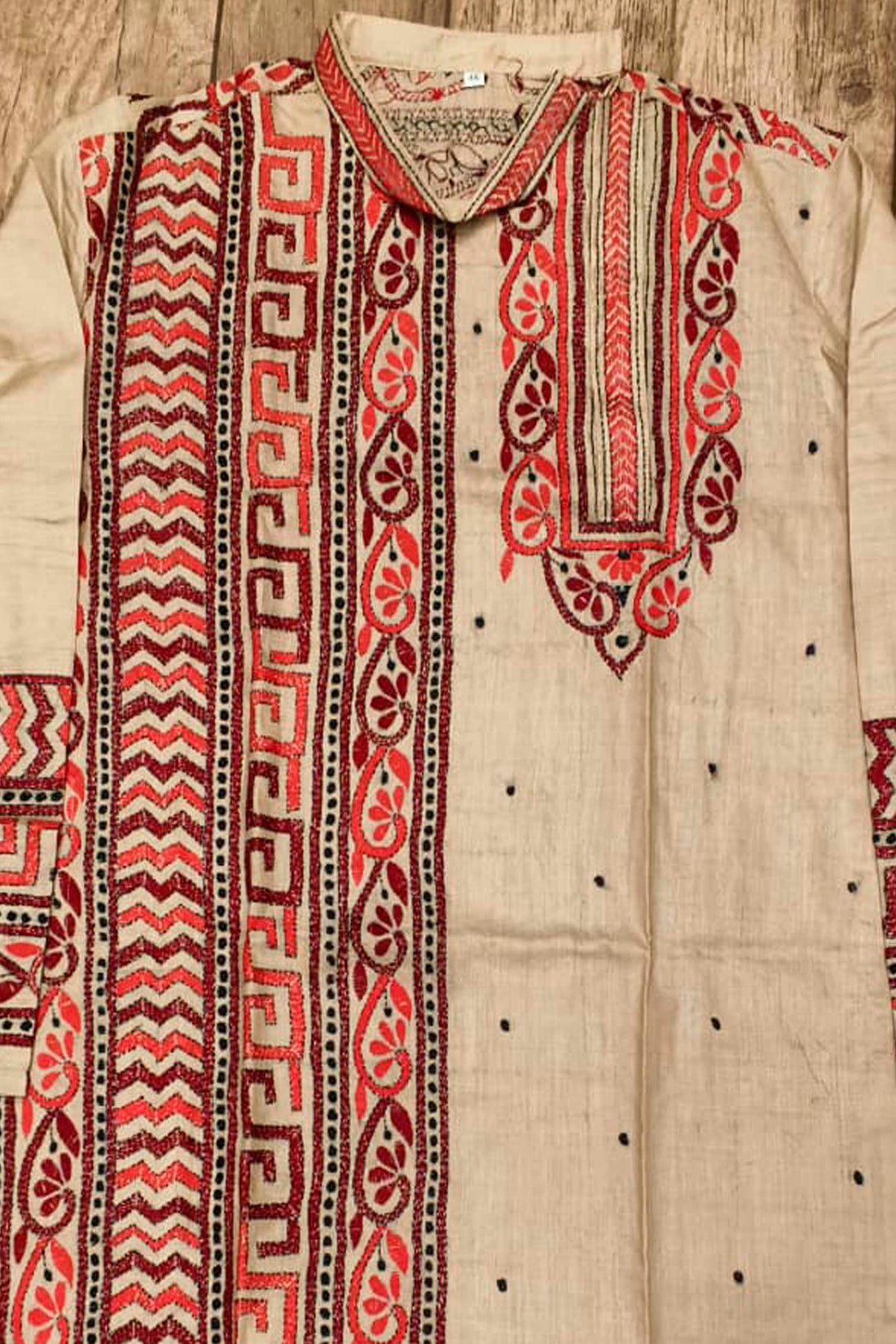 Beige Pure Tussar with Kantha Work (Hand Embroidery) Panjabi