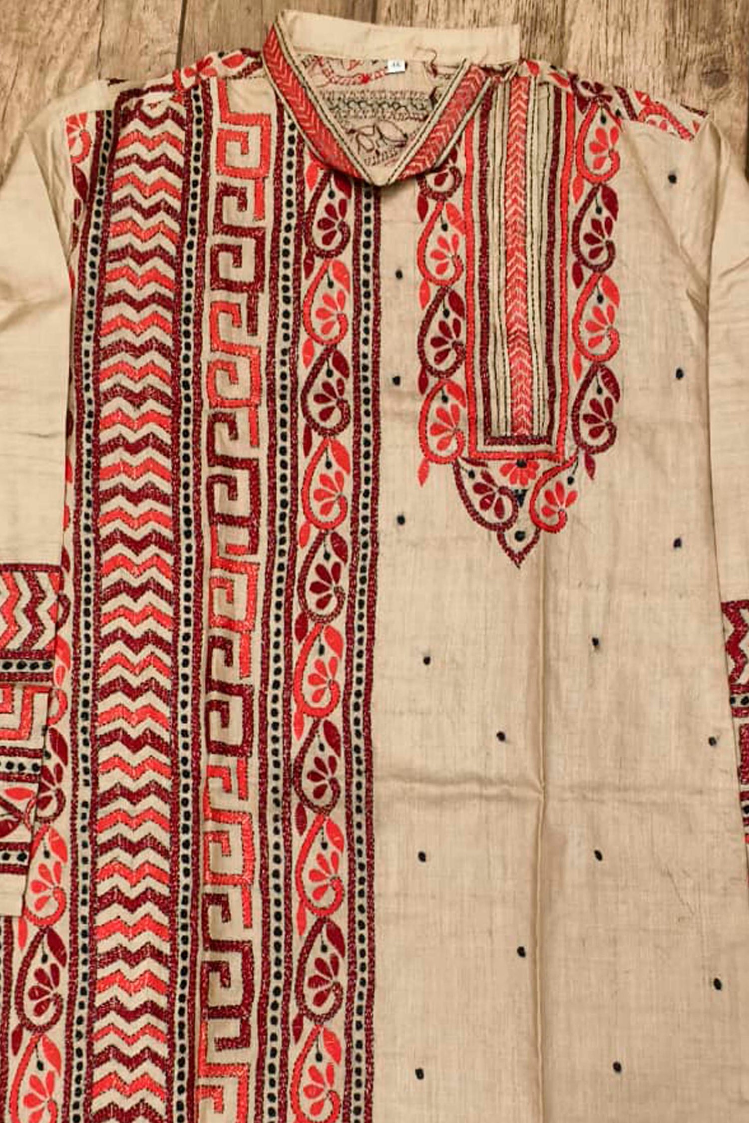 Beige Pure Tussar with Kantha Work (Hand Embroidery) Panjabi