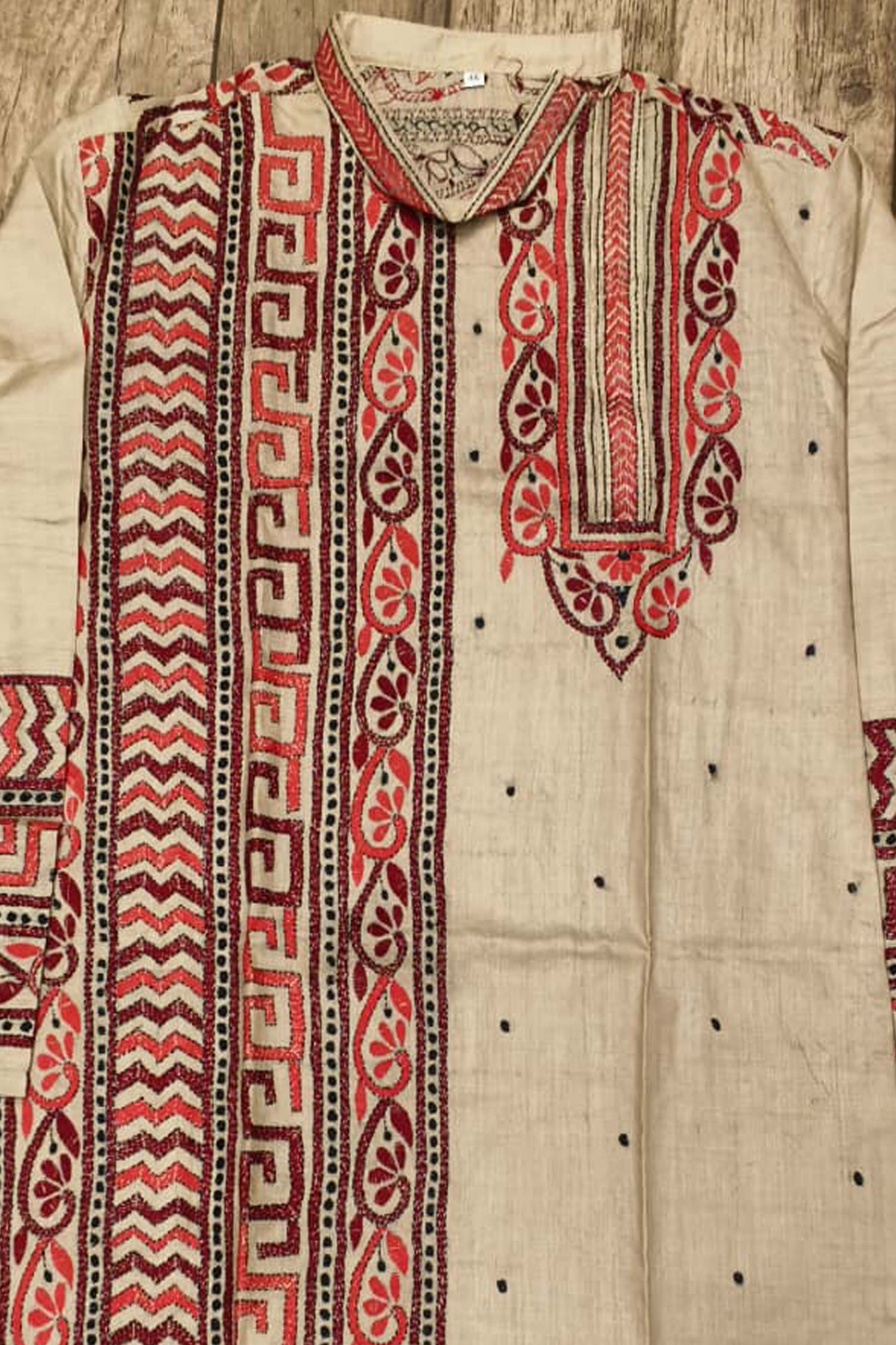 Beige Pure Tussar with Kantha Work (Hand Embroidery) Panjabi