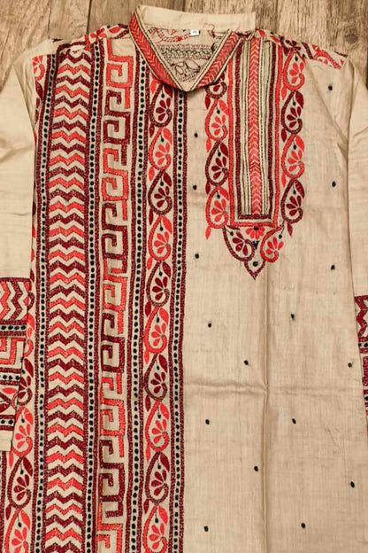 Beige Pure Tussar with Kantha Work (Hand Embroidery) Panjabi