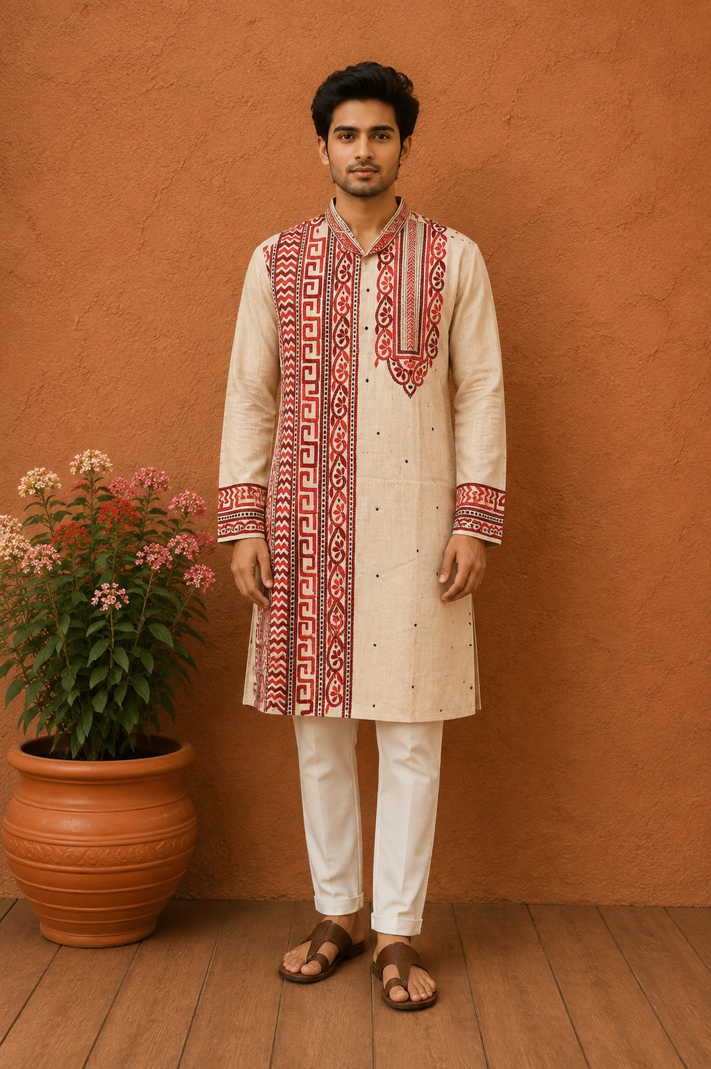 Beige Pure Tussar with Kantha Work (Hand Embroidery) Panjabi