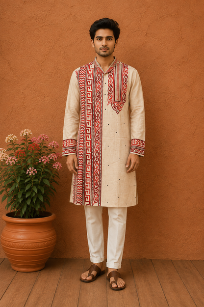 Beige Pure Tussar with Kantha Work (Hand Embroidery) Panjabi