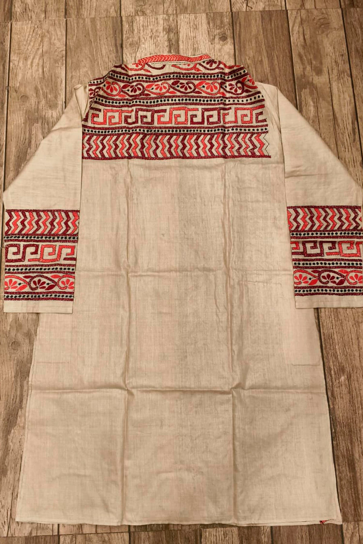 Beige Pure Tussar with Kantha Work (Hand Embroidery) Panjabi