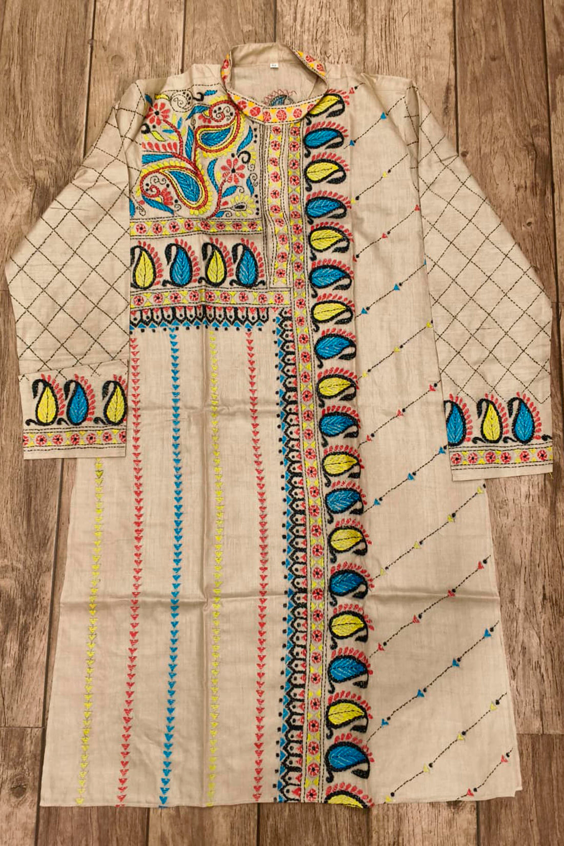 Beige Pure Tussar with Kantha Work (Hand Embroidery) Panjabi