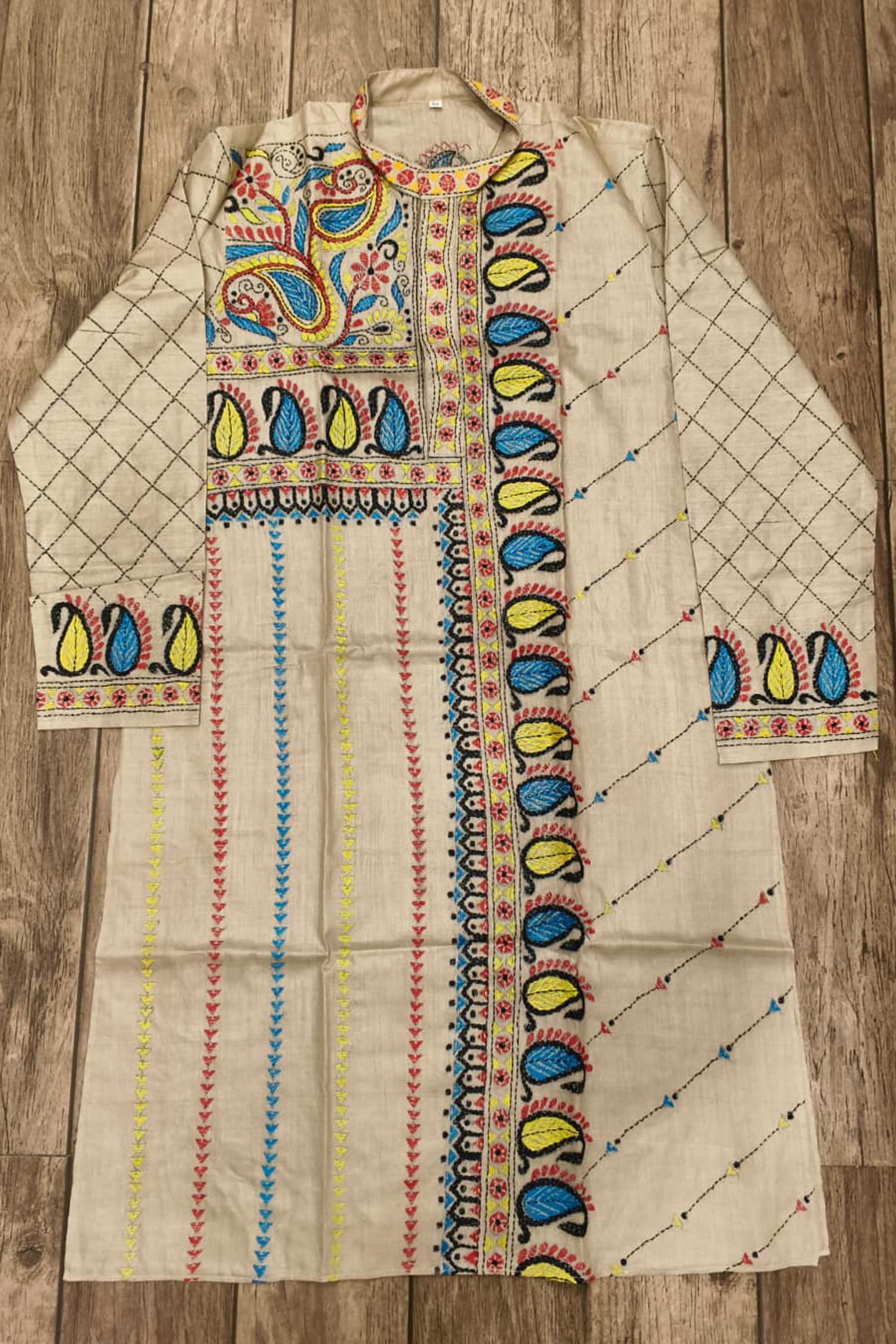 Beige Pure Tussar with Kantha Work (Hand Embroidery) Panjabi