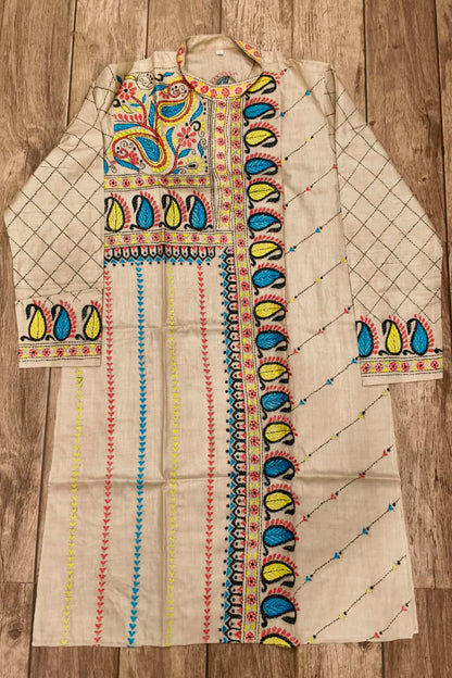 Beige Pure Tussar with Kantha Work (Hand Embroidery) Panjabi