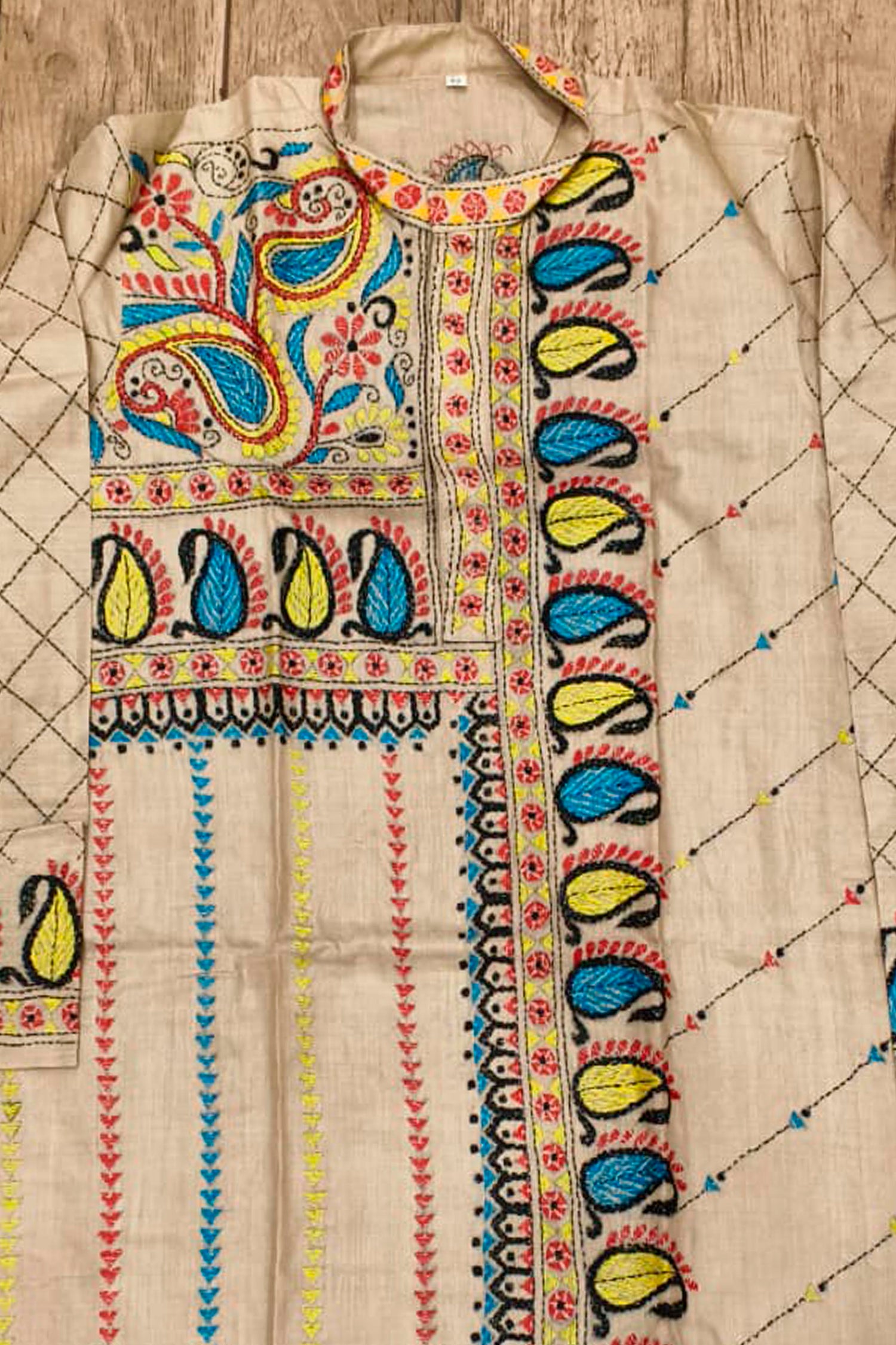 Beige Pure Tussar with Kantha Work (Hand Embroidery) Panjabi