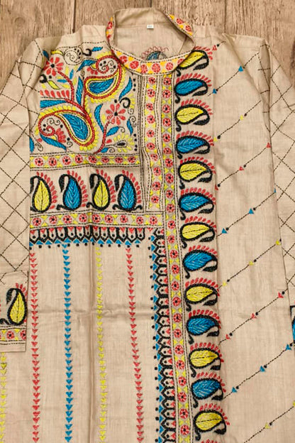 Beige Pure Tussar with Kantha Work (Hand Embroidery) Panjabi