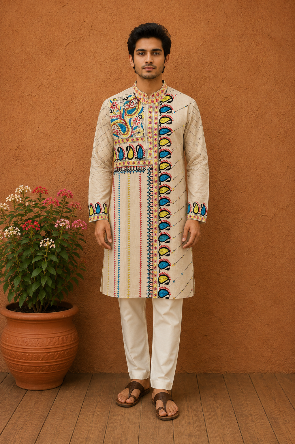 Beige Pure Tussar with Kantha Work (Hand Embroidery) Panjabi