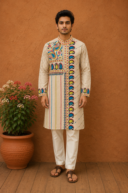 Beige Pure Tussar with Kantha Work (Hand Embroidery) Panjabi