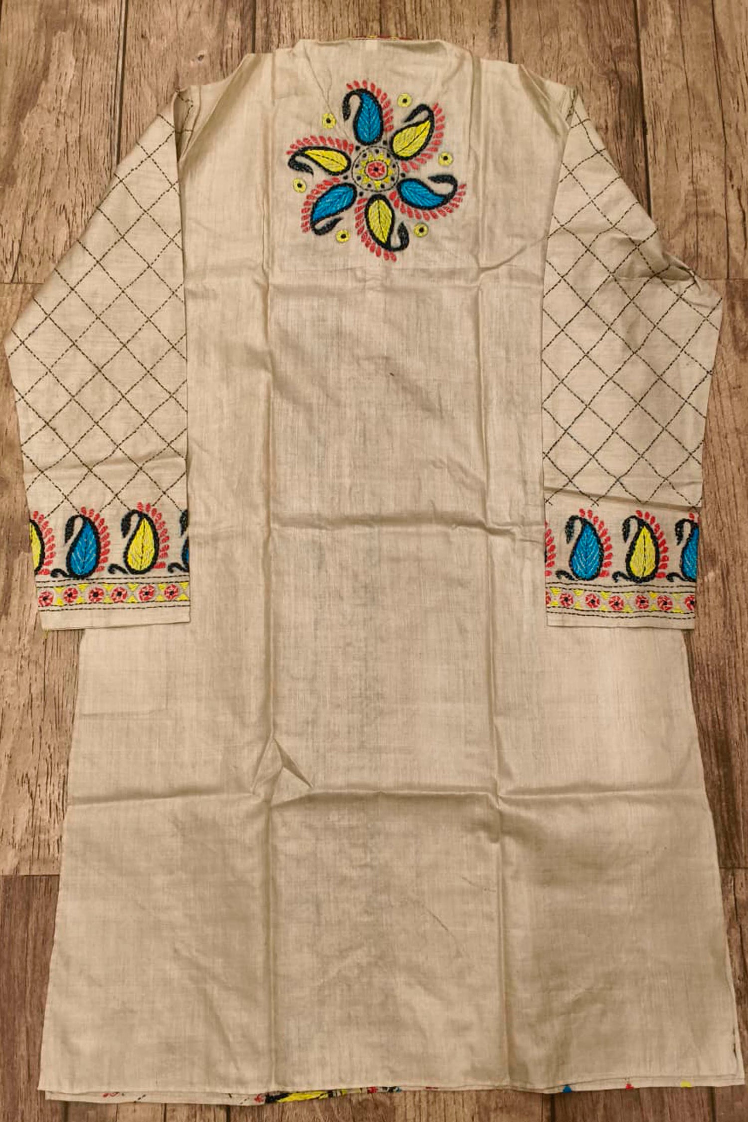 Beige Pure Tussar with Kantha Work (Hand Embroidery) Panjabi