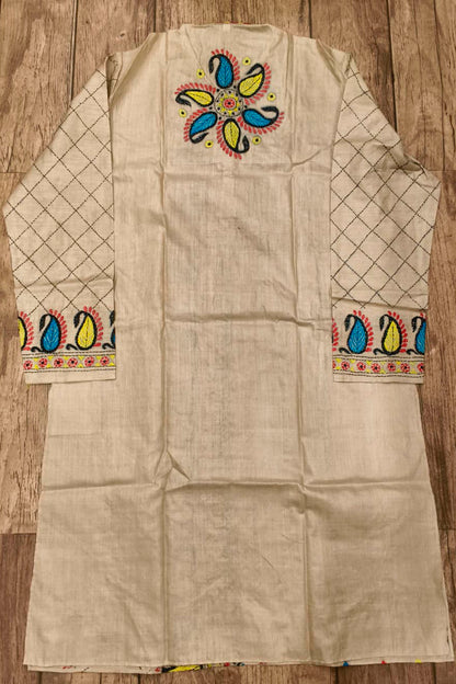Beige Pure Tussar with Kantha Work (Hand Embroidery) Panjabi