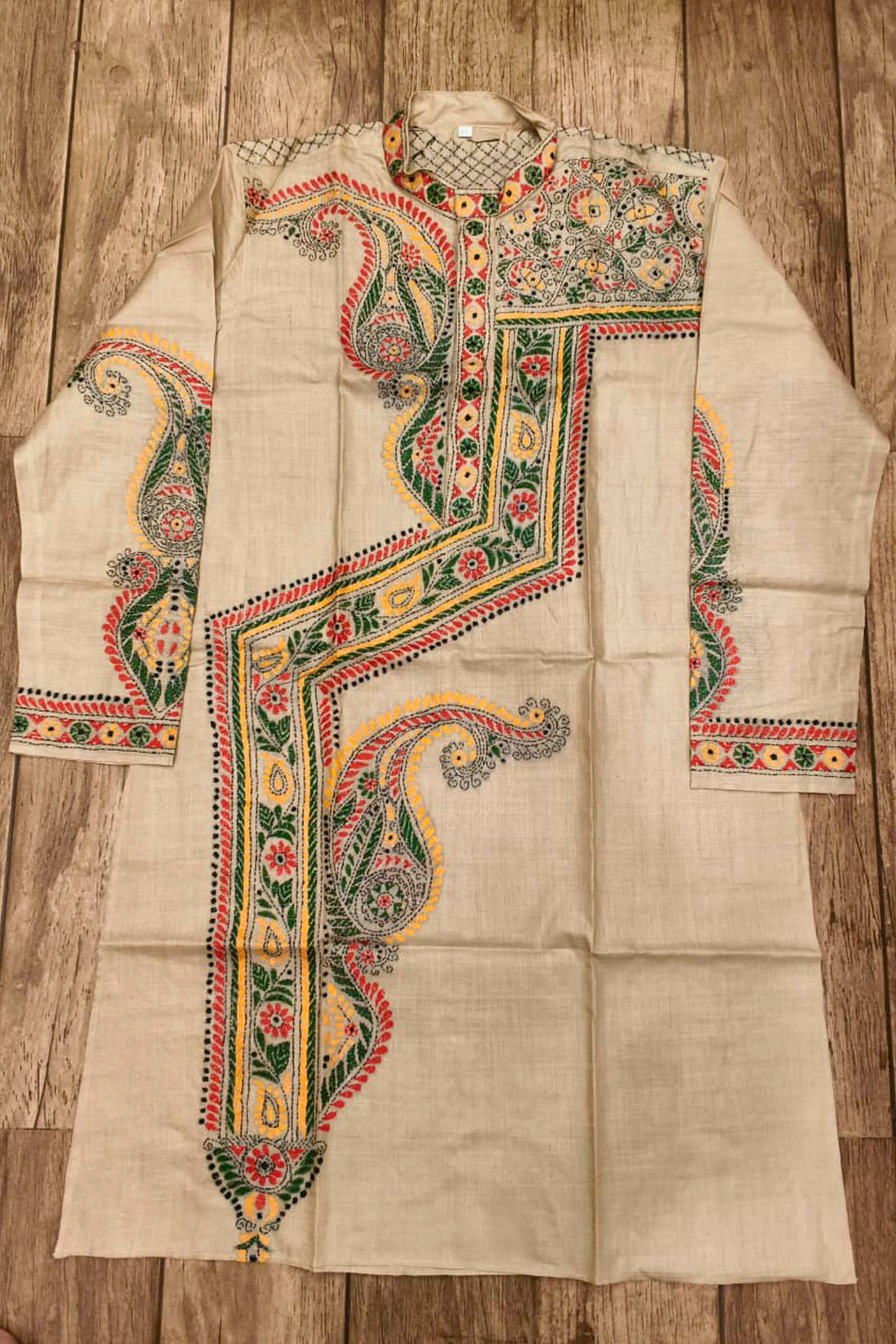 Beige Pure Tussar with Kantha Work (Hand Embroidery) Panjabi