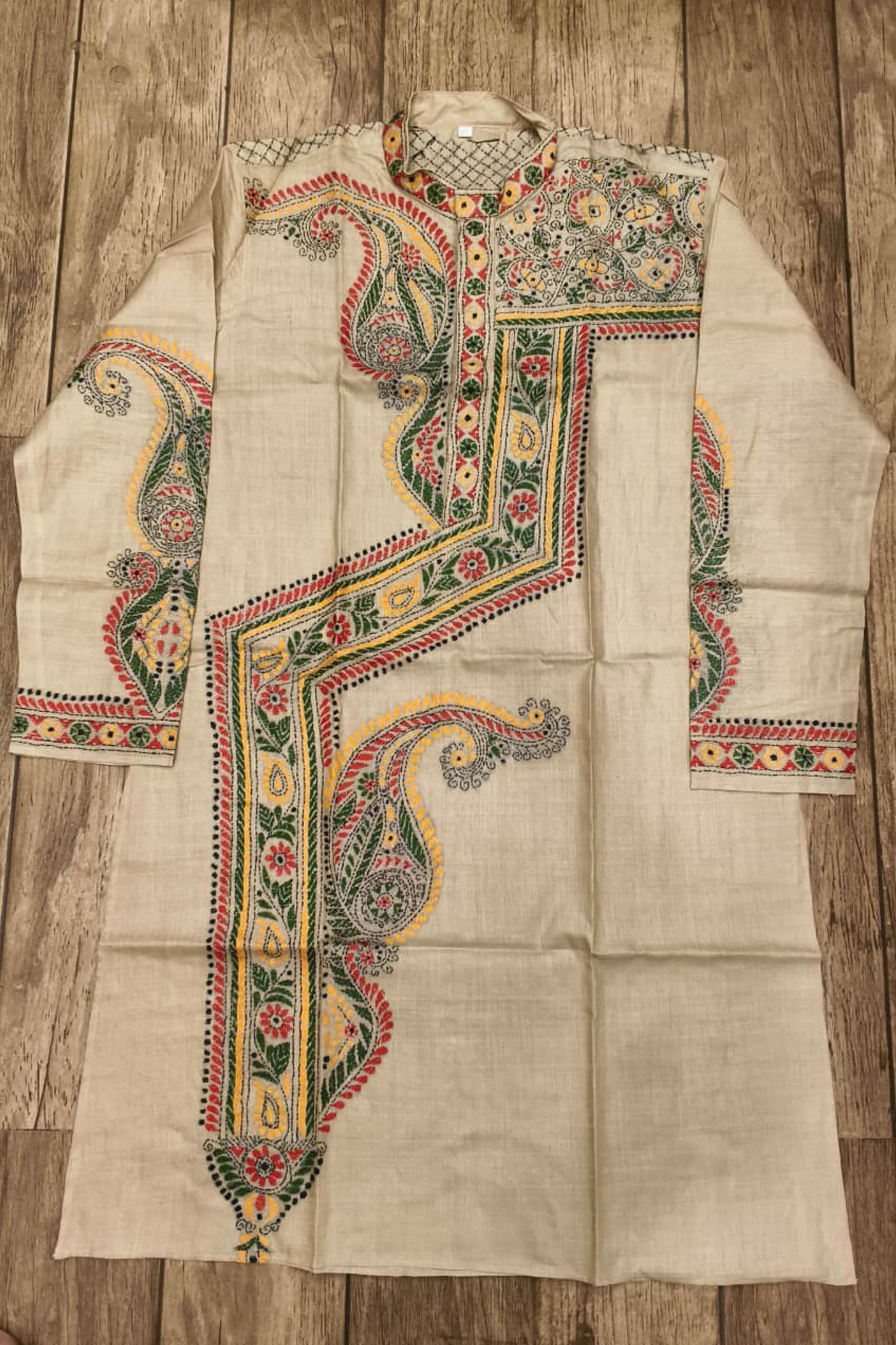 Beige Pure Tussar with Kantha Work (Hand Embroidery) Panjabi