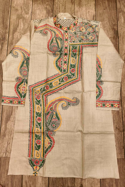 Beige Pure Tussar with Kantha Work (Hand Embroidery) Panjabi