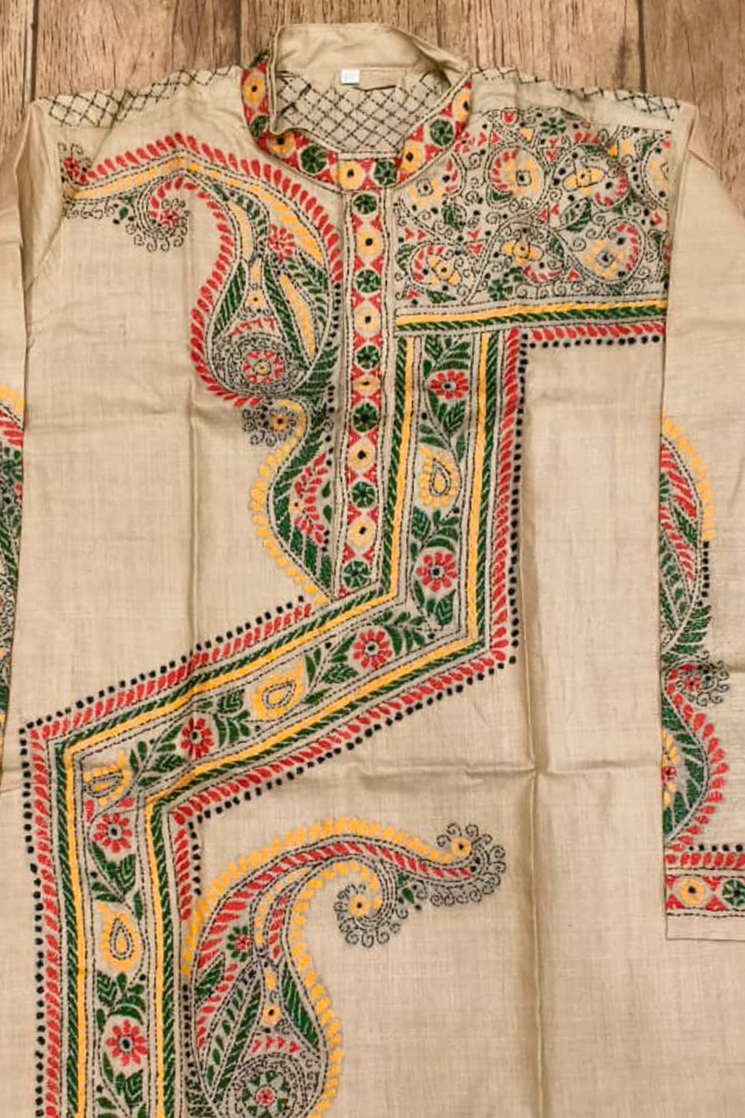 Beige Pure Tussar with Kantha Work (Hand Embroidery) Panjabi