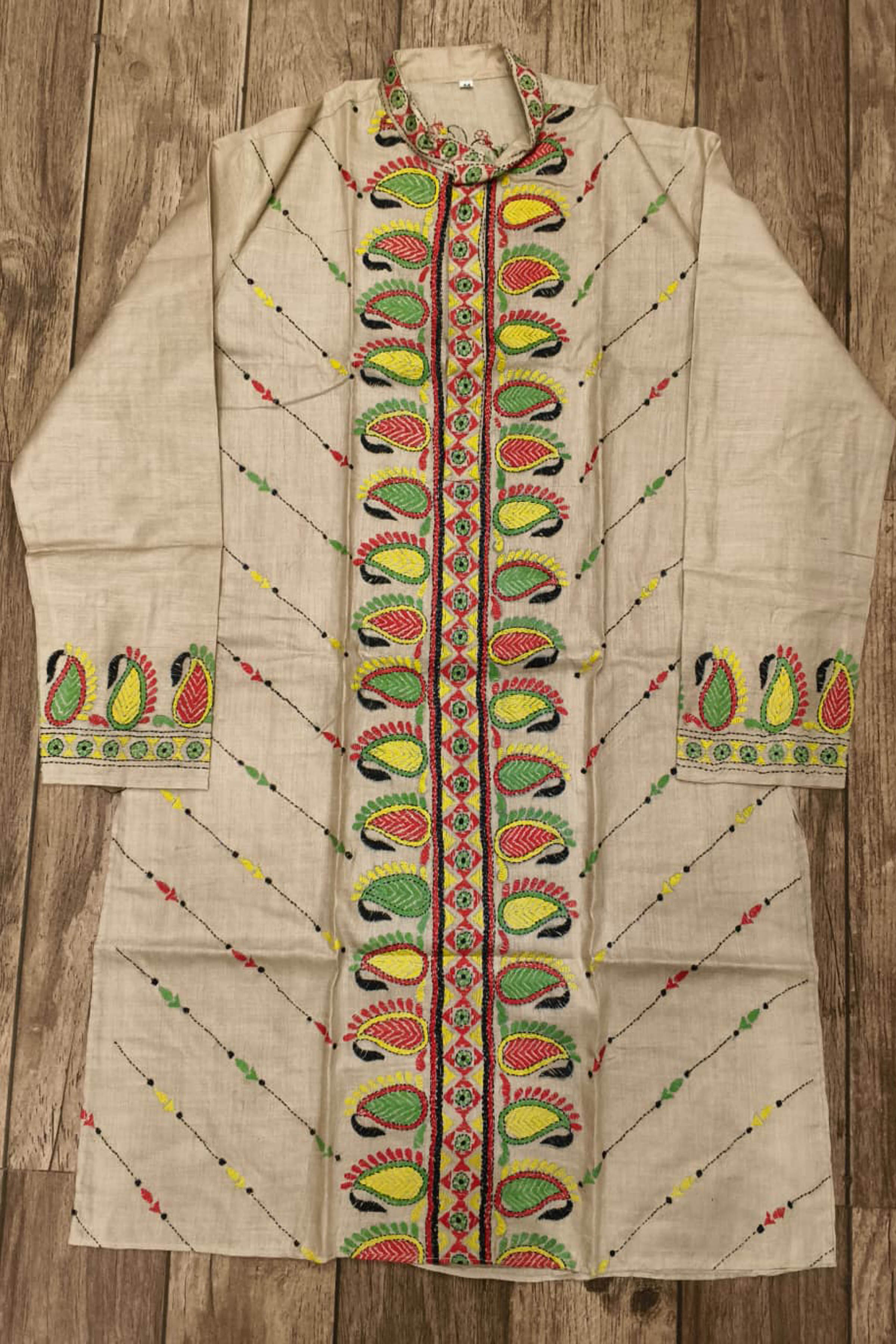 Beige Pure Tussar with Kantha Work (Hand Embroidery) Panjabi