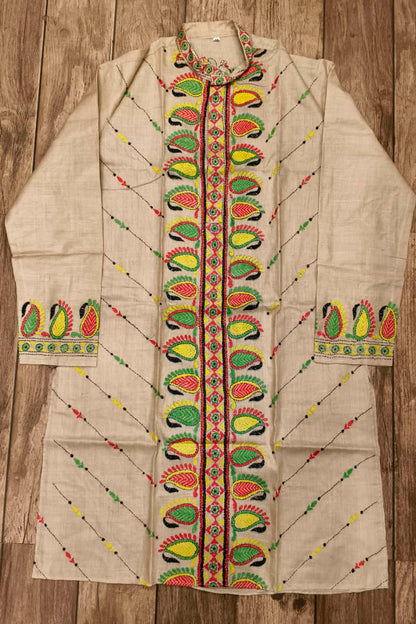 Beige Pure Tussar with Kantha Work (Hand Embroidery) Panjabi
