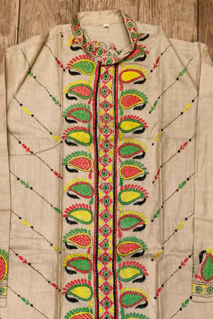 Beige Pure Tussar with Kantha Work (Hand Embroidery) Panjabi