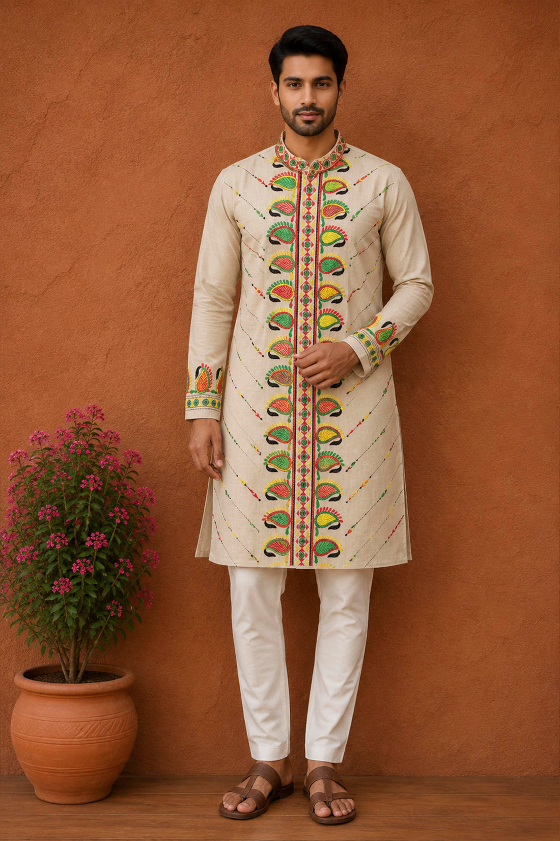 Beige Pure Tussar with Kantha Work (Hand Embroidery) Panjabi