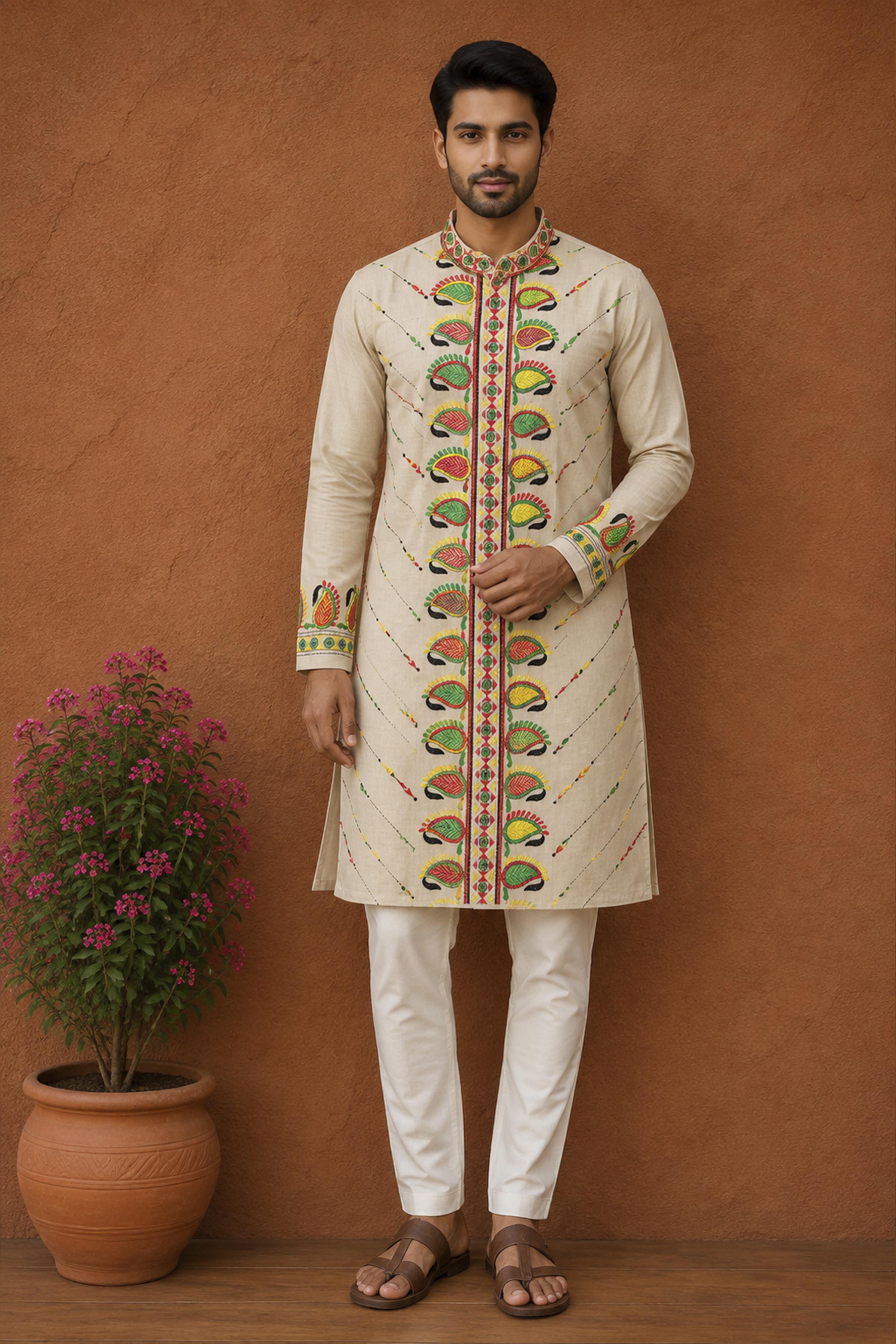 Beige Pure Tussar with Kantha Work (Hand Embroidery) Panjabi