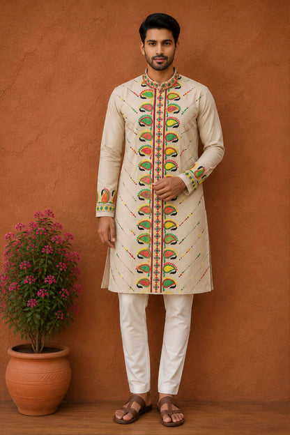 Beige Pure Tussar with Kantha Work (Hand Embroidery) Panjabi