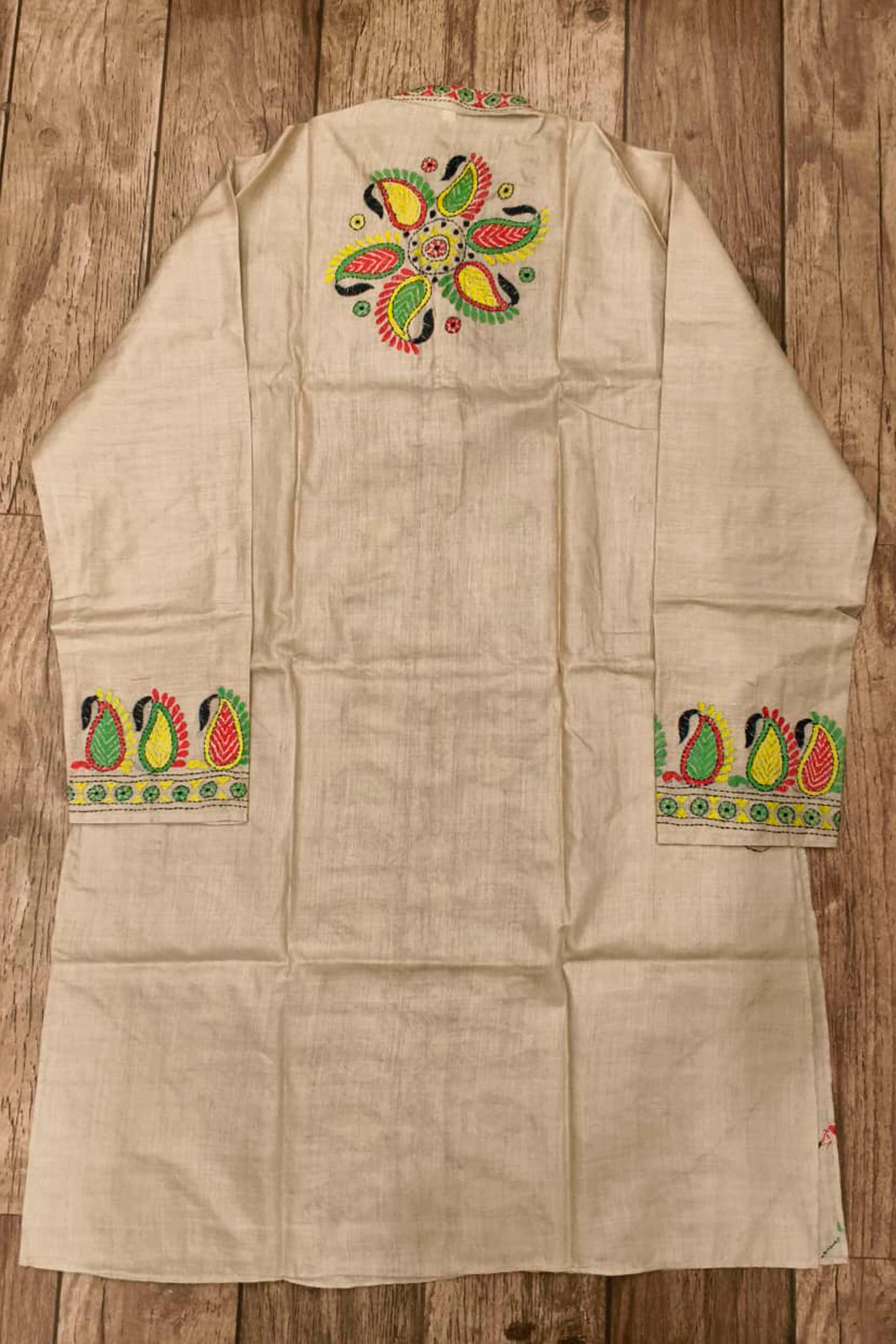 Beige Pure Tussar with Kantha Work (Hand Embroidery) Panjabi