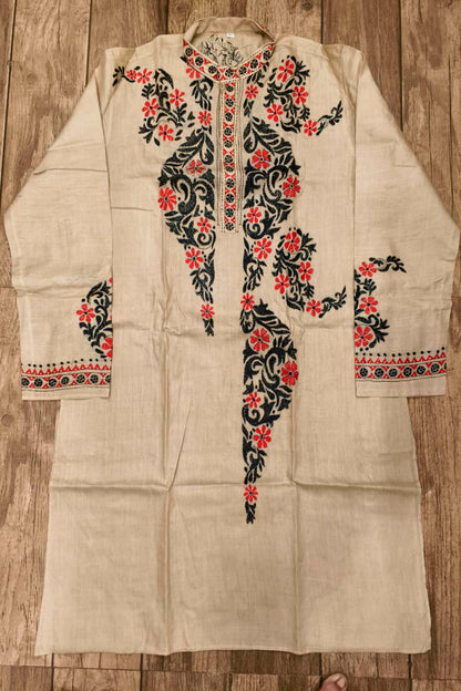 Beige Pure Tussar with Kantha Work (Hand Embroidery) Panjabi
