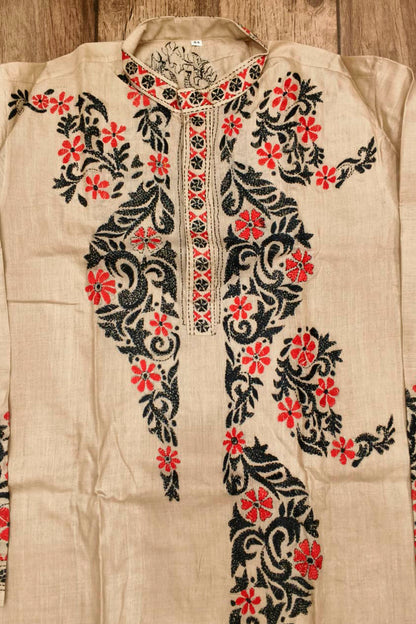 Beige Pure Tussar with Kantha Work (Hand Embroidery) Panjabi