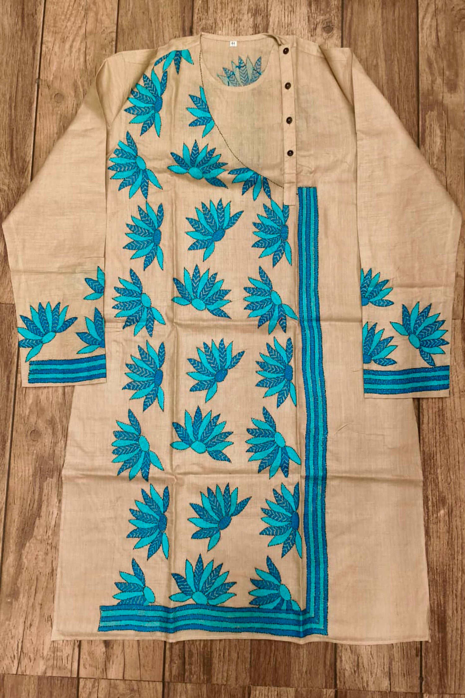 Beige Pure Tussar with Kantha Work (Hand Embroidery) Panjabi