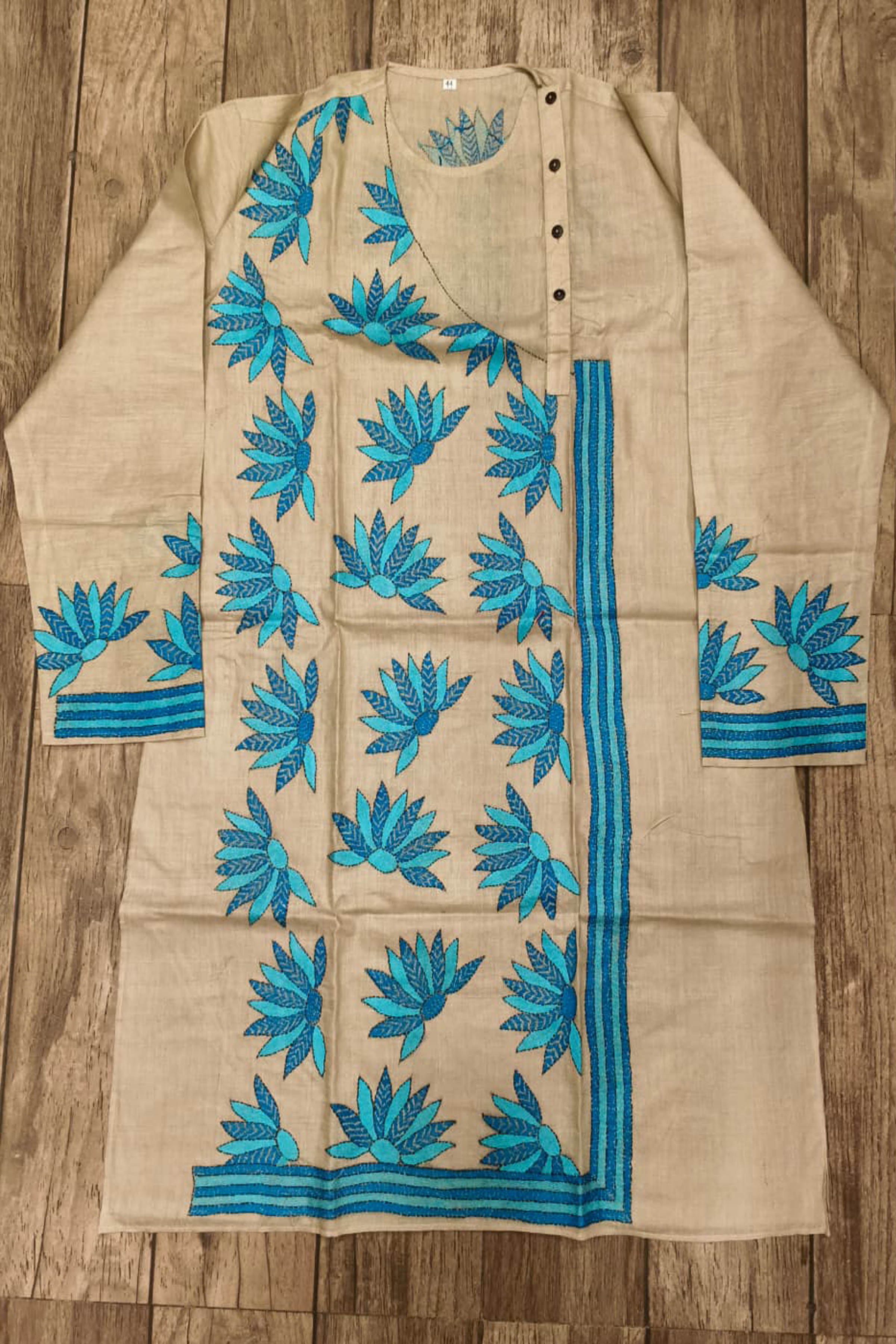 Beige Pure Tussar with Kantha Work (Hand Embroidery) Panjabi