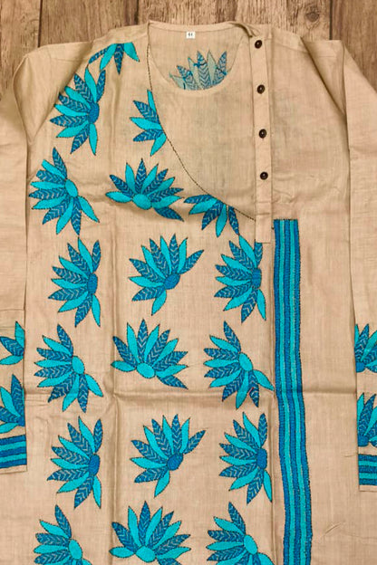 Beige Pure Tussar with Kantha Work (Hand Embroidery) Panjabi