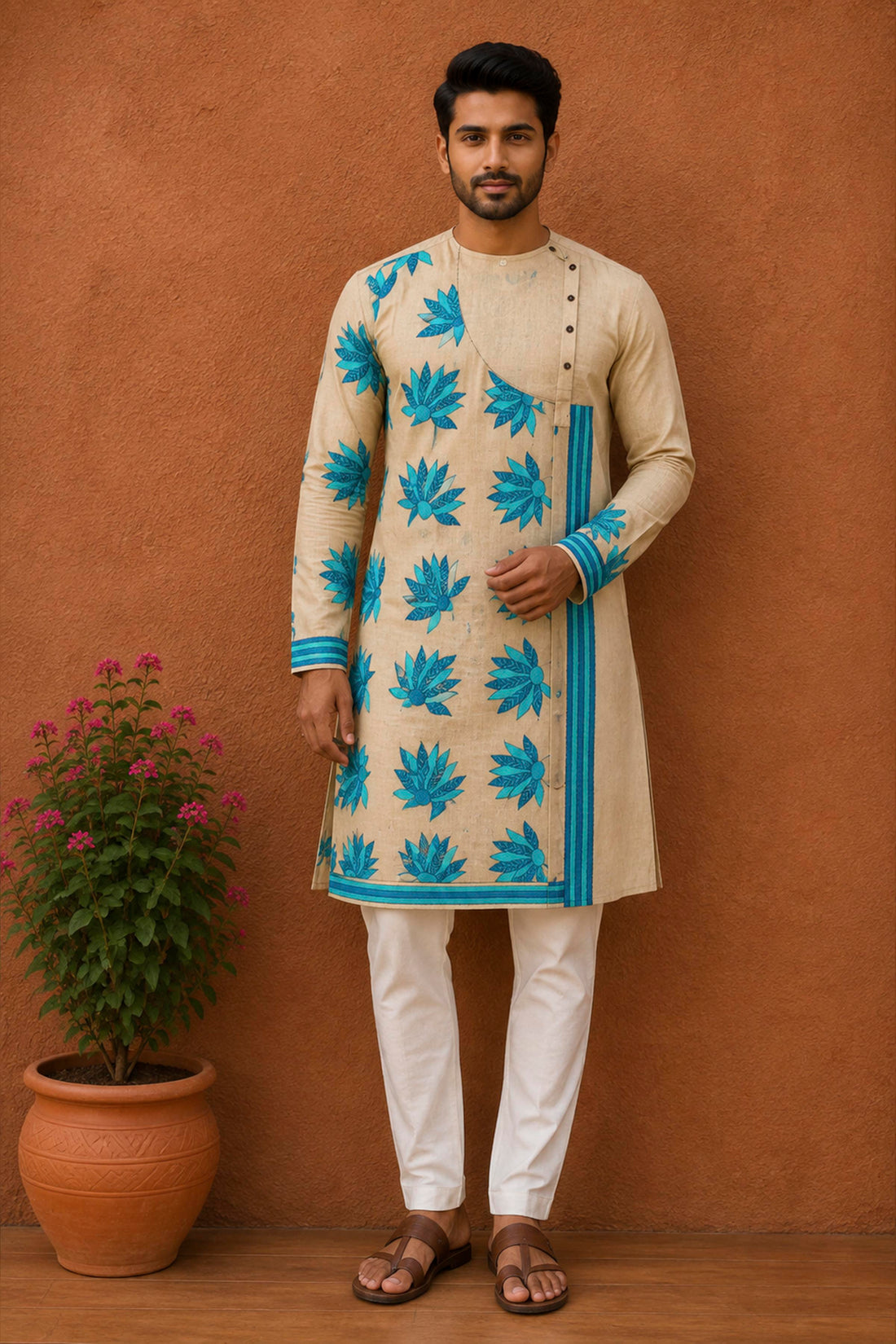 Beige Pure Tussar with Kantha Work (Hand Embroidery) Panjabi