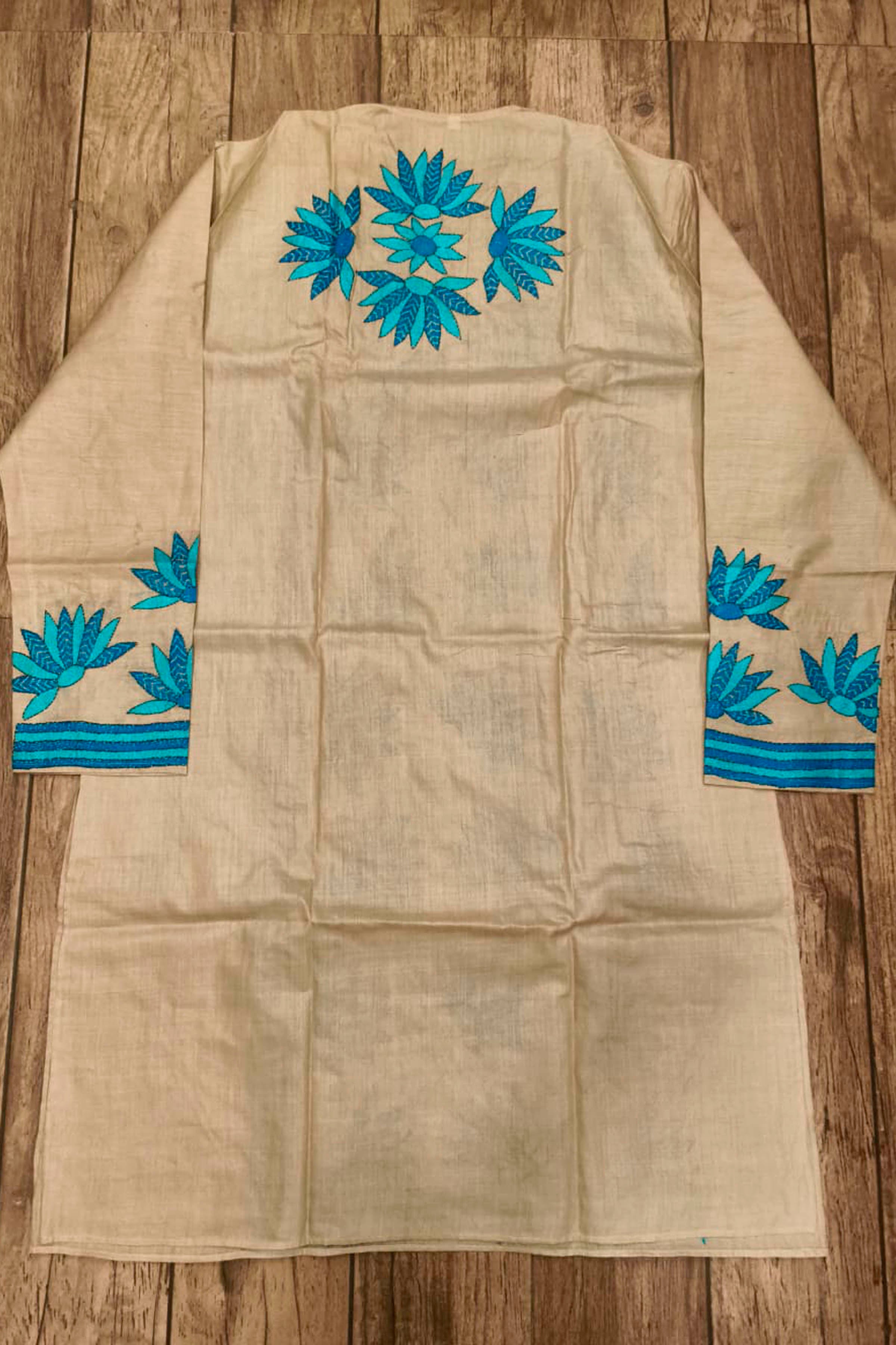 Beige Pure Tussar with Kantha Work (Hand Embroidery) Panjabi