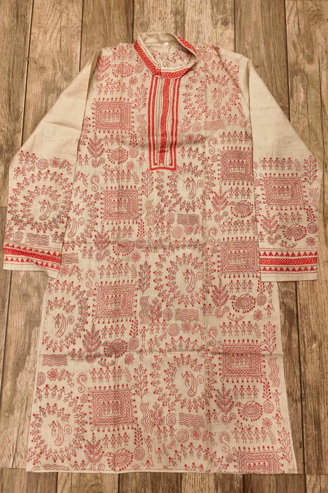 Beige Pure Tussar with Kantha Work (Hand Embroidery) Panjabi