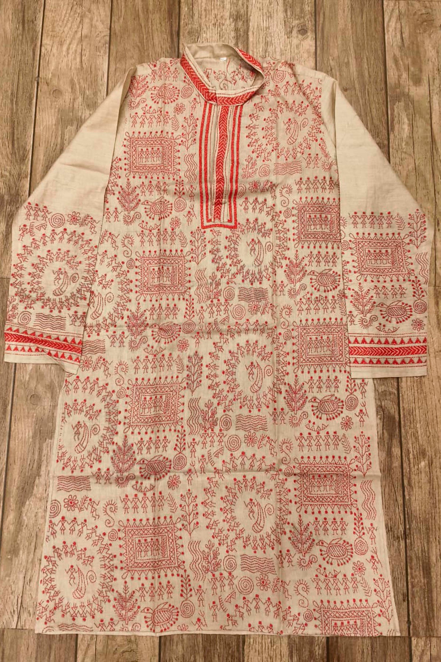 Beige Pure Tussar with Kantha Work (Hand Embroidery) Panjabi