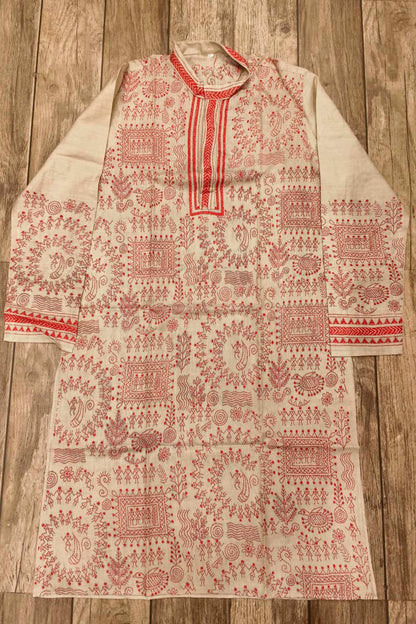 Beige Pure Tussar with Kantha Work (Hand Embroidery) Panjabi